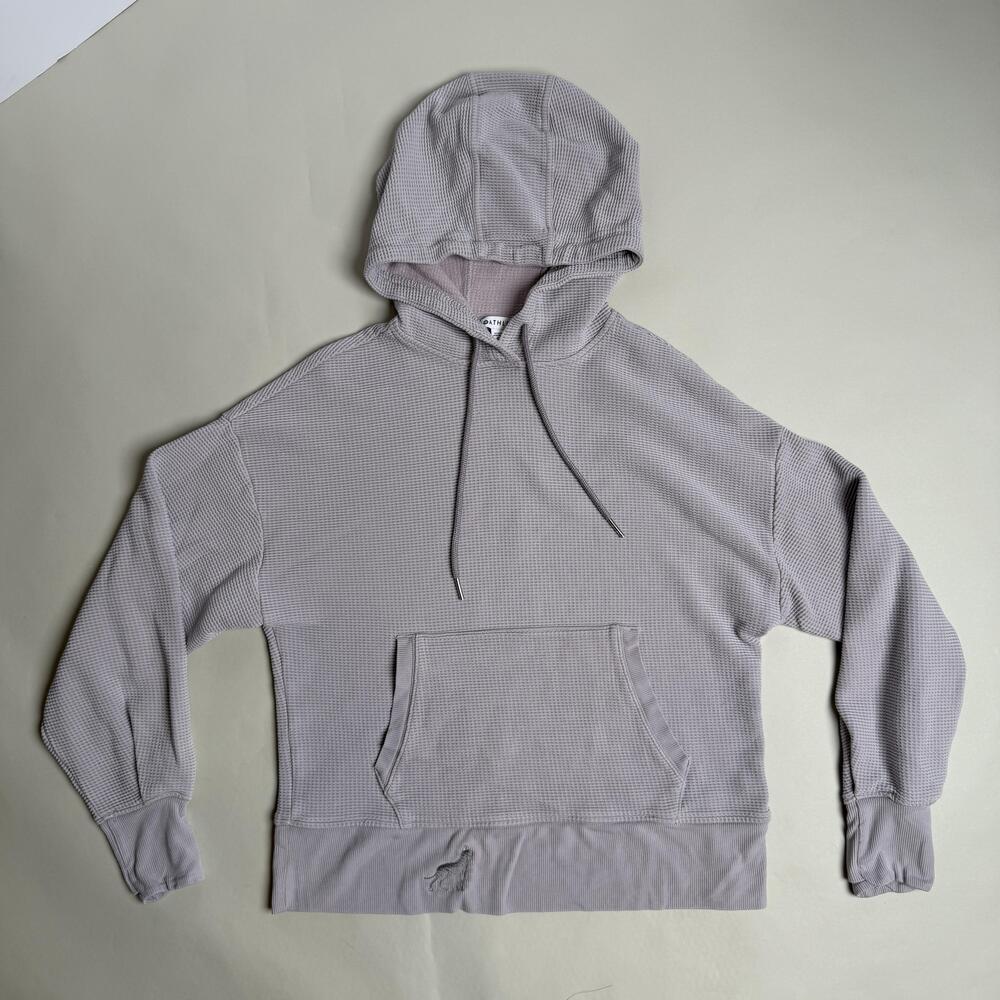 Athleta Hoodie Womens Medium Gray Balance Waffle Knit Pullover Kangaroo Pocket
